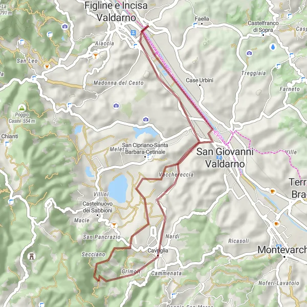 Mapa miniatúra "Gravelový výlet okolo Cavriglie" cyklistická inšpirácia v Toscana, Italy. Vygenerované cyklistickým plánovačom trás Tarmacs.app