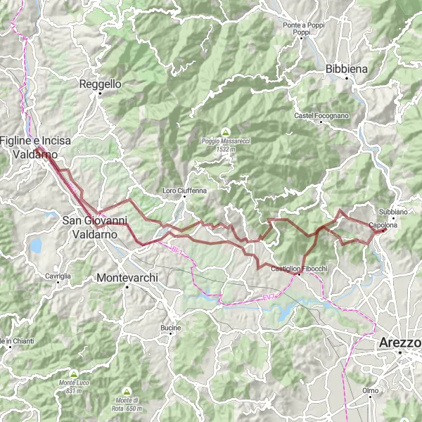Miniaturekort af cykelinspirationen "Valdarno Gravel Adventure" i Toscana, Italy. Genereret af Tarmacs.app cykelruteplanlægger