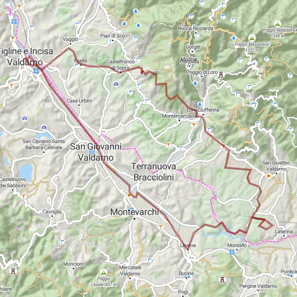 Miniatua del mapa de inspiración ciclista "Ruta de Grava de Figline e Incisa Valdarno" en Toscana, Italy. Generado por Tarmacs.app planificador de rutas ciclistas