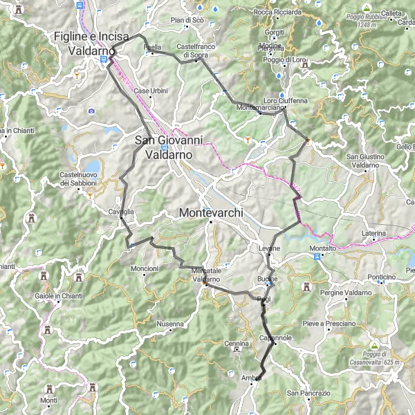 Map miniature of "Valdarno Road Loop" cycling inspiration in Toscana, Italy. Generated by Tarmacs.app cycling route planner