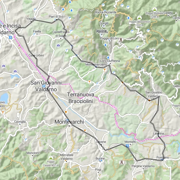 Kartminiatyr av "Utflykt från Pian di Scò till Montevarchi" cykelinspiration i Toscana, Italy. Genererad av Tarmacs.app cykelruttplanerare
