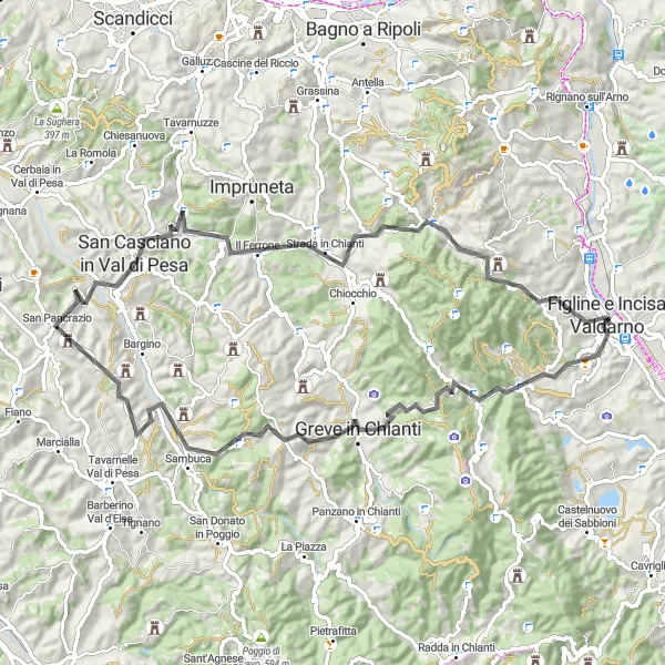 Miniaturní mapa "Okruh přes Passo del Sugame" inspirace pro cyklisty v oblasti Toscana, Italy. Vytvořeno pomocí plánovače tras Tarmacs.app