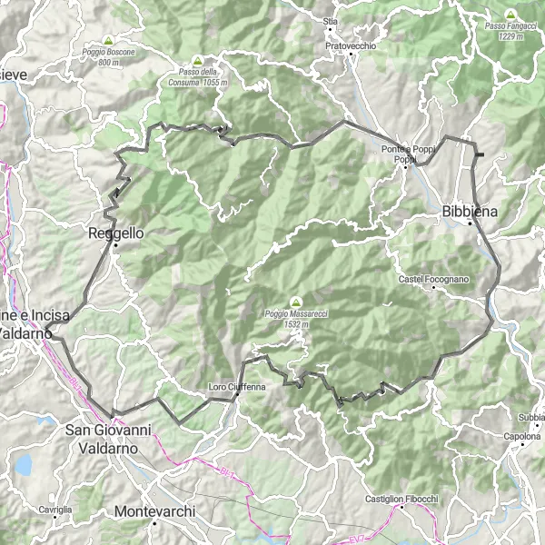 Miniature de la carte de l'inspiration cycliste "Le Tour des Châteaux et des Collines" dans la Toscana, Italy. Générée par le planificateur d'itinéraire cycliste Tarmacs.app
