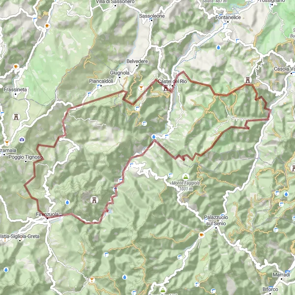 Miniatua del mapa de inspiración ciclista "Caminos de grava a través de Firenzuola" en Toscana, Italy. Generado por Tarmacs.app planificador de rutas ciclistas