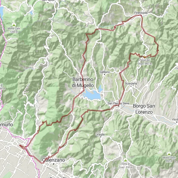 Miniaturní mapa "Gravelová trasa okolo Firenzuoly" inspirace pro cyklisty v oblasti Toscana, Italy. Vytvořeno pomocí plánovače tras Tarmacs.app