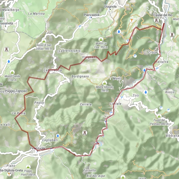 Mapa miniatúra "Krátky gravelový okruh od Firenzuoly" cyklistická inšpirácia v Toscana, Italy. Vygenerované cyklistickým plánovačom trás Tarmacs.app