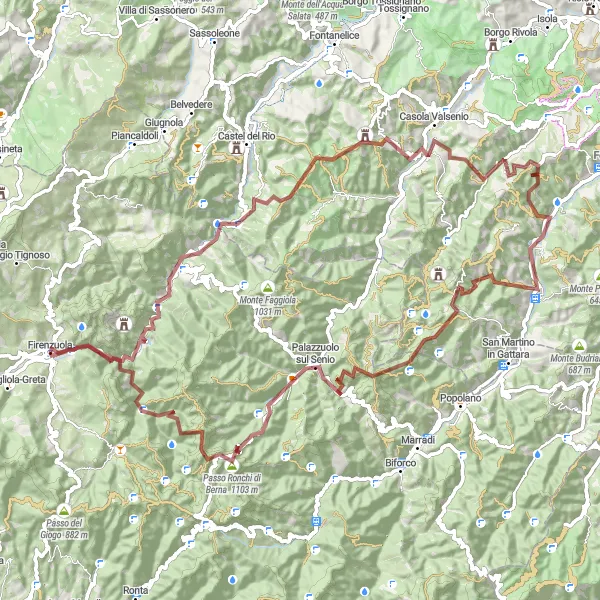 Miniatura della mappa di ispirazione al ciclismo "Giro in gravel da Firenzuola attraverso Monte Battaglia e Monte Gamberaldi" nella regione di Toscana, Italy. Generata da Tarmacs.app, pianificatore di rotte ciclistiche