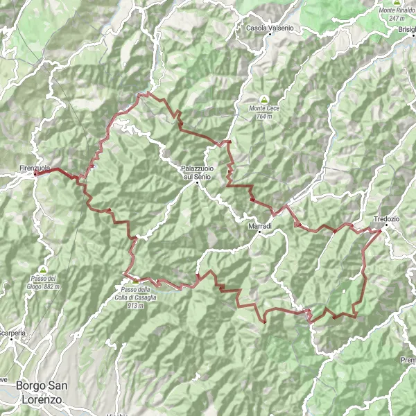 Karten-Miniaturansicht der Radinspiration "Exkursion ab Firenzuola zum Monte Lavane" in Toscana, Italy. Erstellt vom Tarmacs.app-Routenplaner für Radtouren