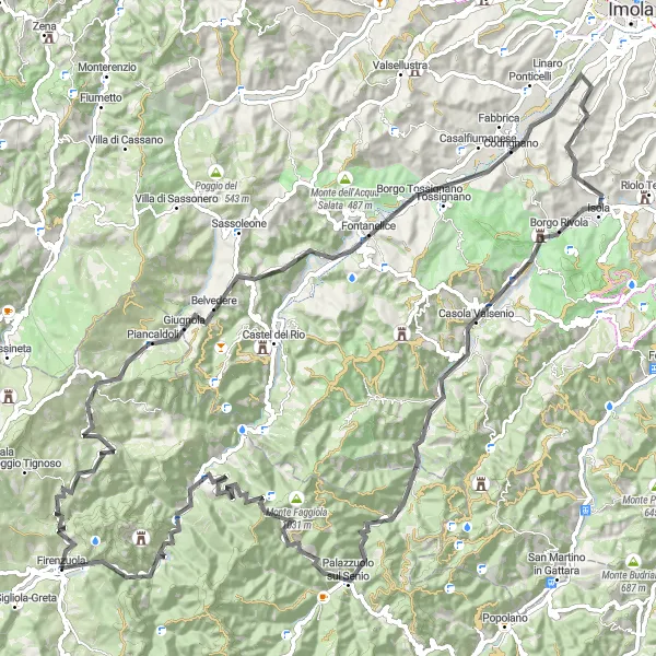 Miniatua del mapa de inspiración ciclista "Ruta escénica por carretera cerca de Firenzuola" en Toscana, Italy. Generado por Tarmacs.app planificador de rutas ciclistas
