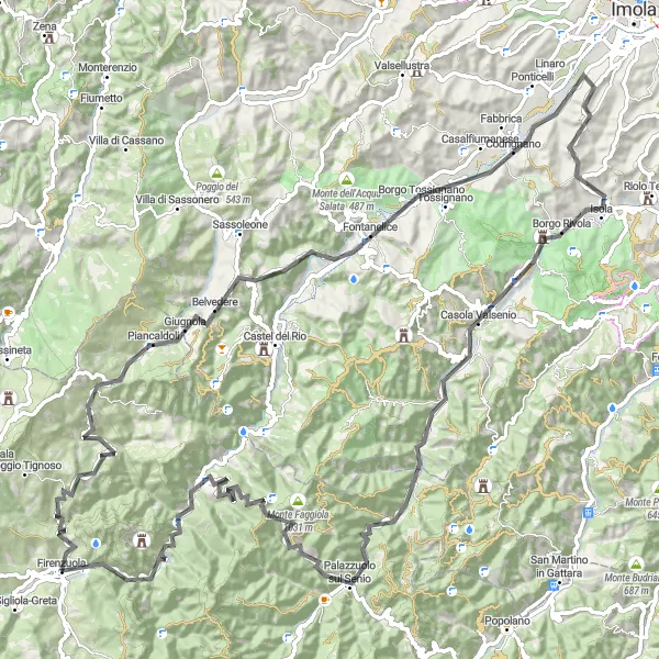 Map miniature of "Road Loop around Firenzuola" cycling inspiration in Toscana, Italy. Generated by Tarmacs.app cycling route planner