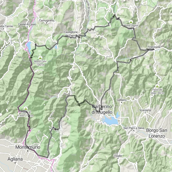 Miniature de la carte de l'inspiration cycliste "Route Épique: Vers les Sommets Toscans" dans la Toscana, Italy. Générée par le planificateur d'itinéraire cycliste Tarmacs.app