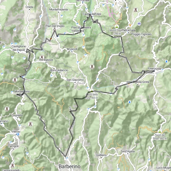 Mapa miniatúra "Cyklistická trasa múdrosti v toskánskom Firenzuole" cyklistická inšpirácia v Toscana, Italy. Vygenerované cyklistickým plánovačom trás Tarmacs.app