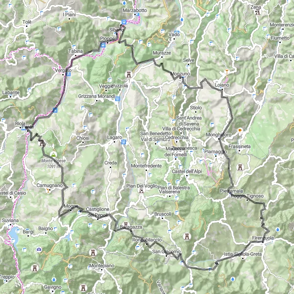 Miniatua del mapa de inspiración ciclista "Ruta de Carretera Monte Orzale" en Toscana, Italy. Generado por Tarmacs.app planificador de rutas ciclistas