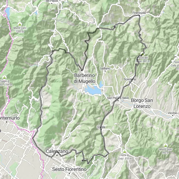 Miniatua del mapa de inspiración ciclista "Ruta de Carretera Monte le Coste" en Toscana, Italy. Generado por Tarmacs.app planificador de rutas ciclistas