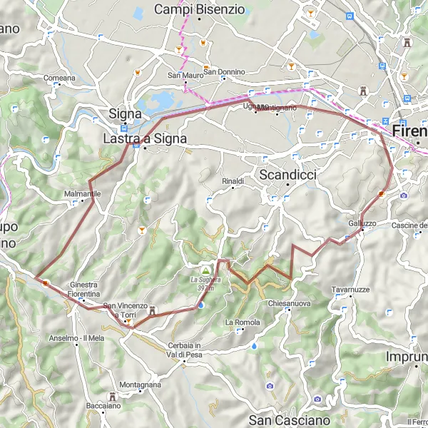 Miniatua del mapa de inspiración ciclista "Ruta de Gravel por Casignano y Colle Malmantile" en Toscana, Italy. Generado por Tarmacs.app planificador de rutas ciclistas