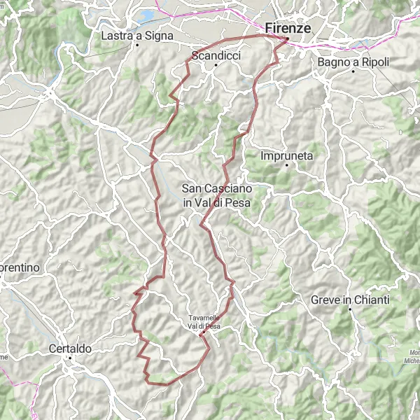 Zemljevid v pomanjšavi "Kolesarska pot Gravel na Val di Pesa" kolesarske inspiracije v Toscana, Italy. Generirano z načrtovalcem kolesarskih poti Tarmacs.app