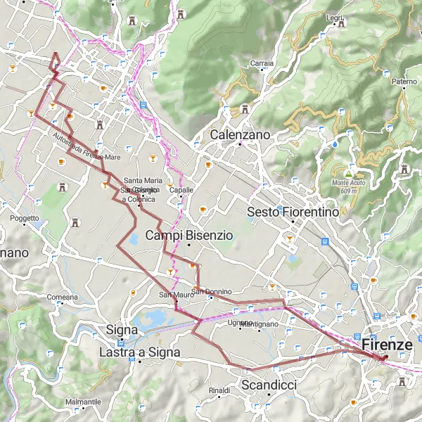 Miniatua del mapa de inspiración ciclista "Ruta de Gravel por las colinas cercanas a Florencia" en Toscana, Italy. Generado por Tarmacs.app planificador de rutas ciclistas