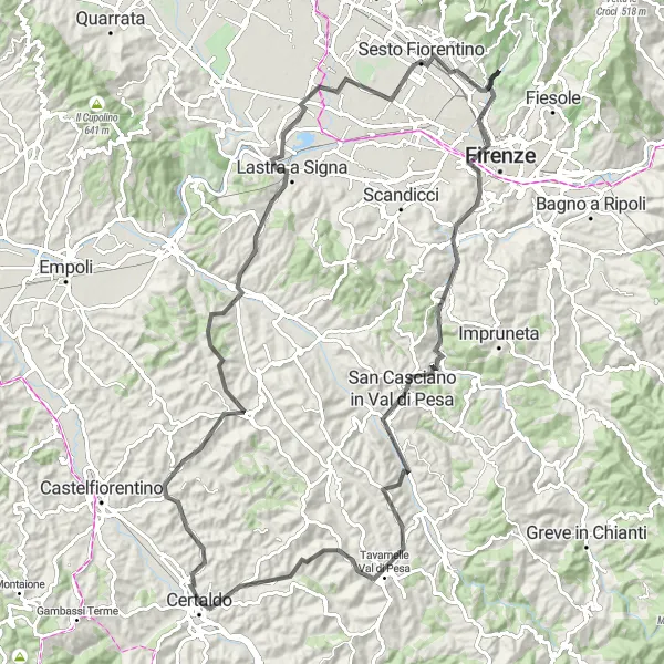 Mapa miniatúra "Vinárske tajomstvá okolia Florencie" cyklistická inšpirácia v Toscana, Italy. Vygenerované cyklistickým plánovačom trás Tarmacs.app