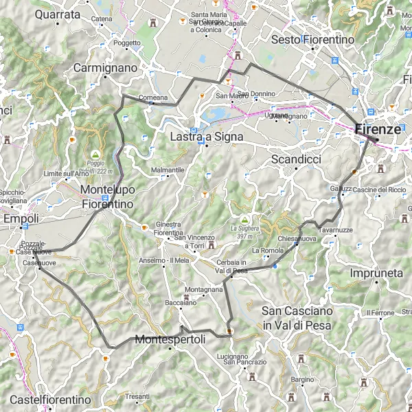 Miniatura della mappa di ispirazione al ciclismo "Tour delle Colline Fiorentine" nella regione di Toscana, Italy. Generata da Tarmacs.app, pianificatore di rotte ciclistiche
