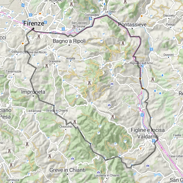 Miniatua del mapa de inspiración ciclista "Ruta de Ciclismo de los Palacios Florentinos" en Toscana, Italy. Generado por Tarmacs.app planificador de rutas ciclistas