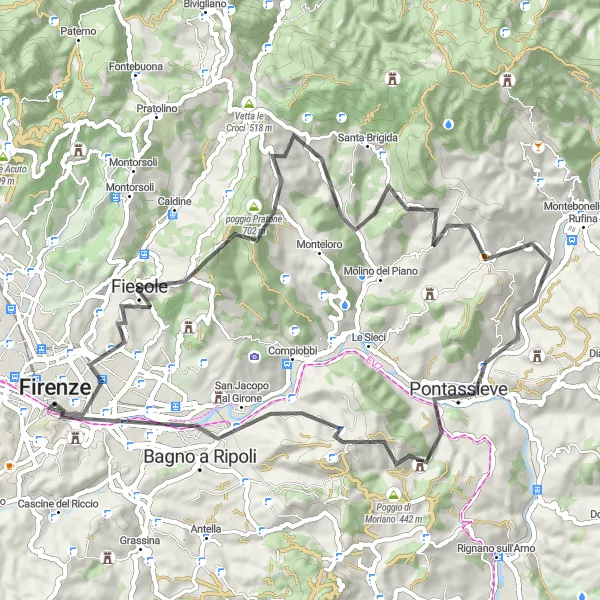 Kartminiatyr av "Vägar runt Fiesole och Pontassieve" cykelinspiration i Toscana, Italy. Genererad av Tarmacs.app cykelruttplanerare