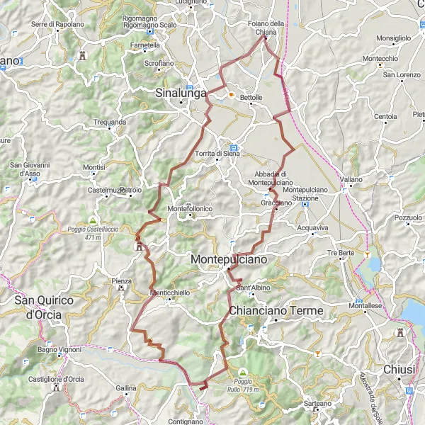 Miniatua del mapa de inspiración ciclista "Desafío de ciclismo de grava por Montepulciano y Montalcino" en Toscana, Italy. Generado por Tarmacs.app planificador de rutas ciclistas