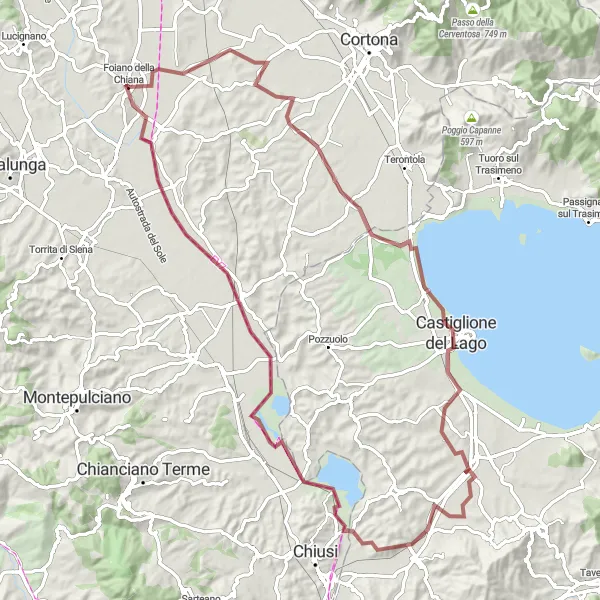 Map miniature of "Gravel Adventure to Montecchio and Castiglione del Lago" cycling inspiration in Toscana, Italy. Generated by Tarmacs.app cycling route planner