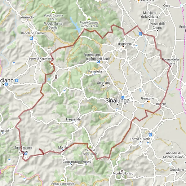 Miniatuurkaart van de fietsinspiratie "Off-road avontuur naar Montisi en San Gimignanello" in Toscana, Italy. Gemaakt door de Tarmacs.app fietsrouteplanner