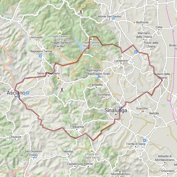 Map miniature of "Gravel Adventure to Sinalunga and Serre di Rapolano" cycling inspiration in Toscana, Italy. Generated by Tarmacs.app cycling route planner