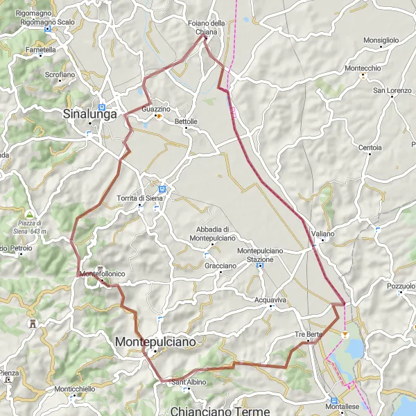 Miniatura della mappa di ispirazione al ciclismo "Rotta montana Montepulciano" nella regione di Toscana, Italy. Generata da Tarmacs.app, pianificatore di rotte ciclistiche