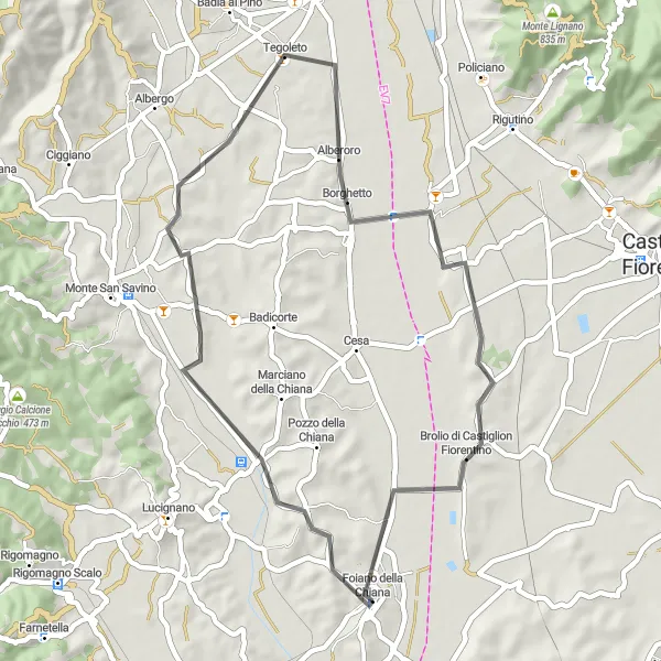 Kartminiatyr av "Landsvei eventyr i Toscana" sykkelinspirasjon i Toscana, Italy. Generert av Tarmacs.app sykkelrutoplanlegger