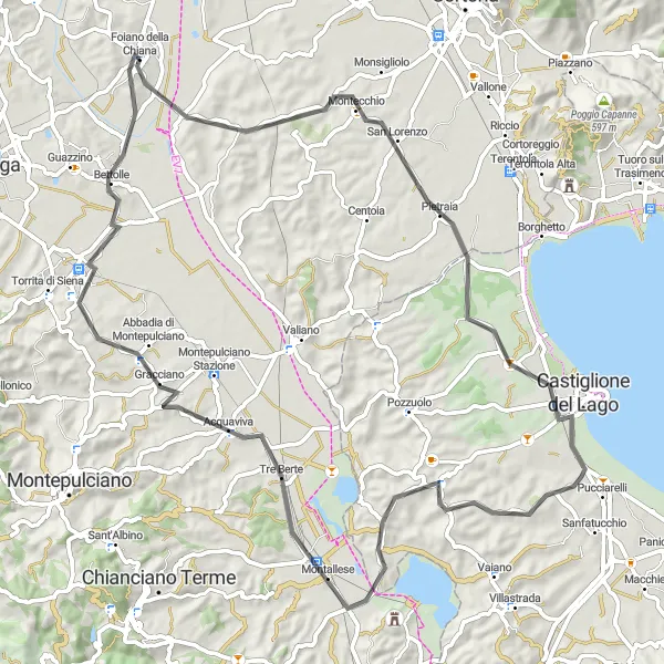 Zemljevid v pomanjšavi "Kolesarska pot Acquaviva" kolesarske inspiracije v Toscana, Italy. Generirano z načrtovalcem kolesarskih poti Tarmacs.app
