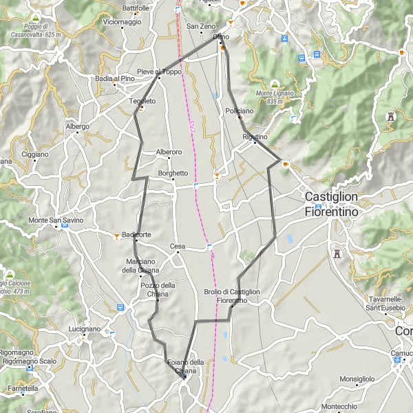 Miniatuurkaart van de fietsinspiratie "Fietstocht richting Tegoleto en Manciano" in Toscana, Italy. Gemaakt door de Tarmacs.app fietsrouteplanner