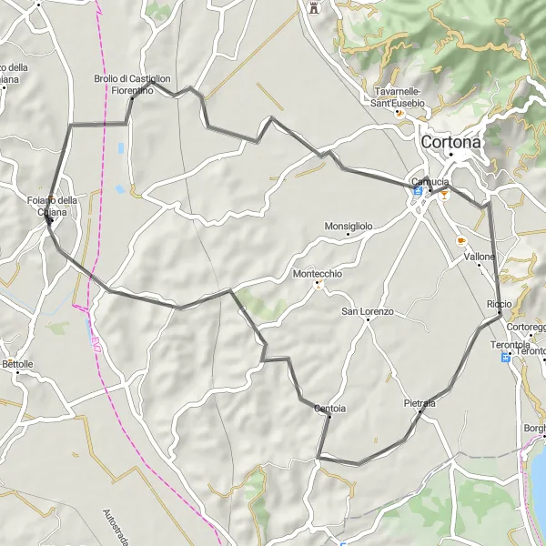Miniatua del mapa de inspiración ciclista "Ruta en Carretera a través de Fratta-Santa Caterina y Camucia" en Toscana, Italy. Generado por Tarmacs.app planificador de rutas ciclistas