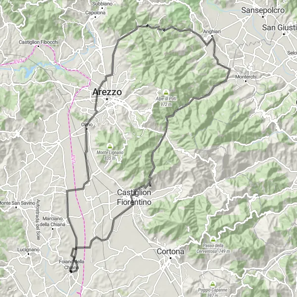 Zemljevid v pomanjšavi "Potepanje po Toskani z razgledi na Puglio" kolesarske inspiracije v Toscana, Italy. Generirano z načrtovalcem kolesarskih poti Tarmacs.app