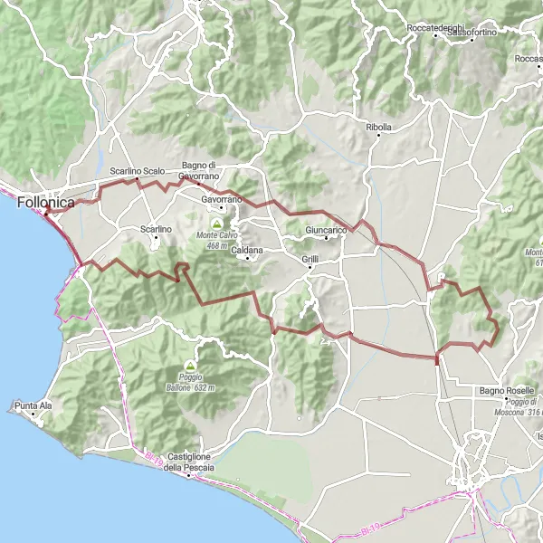 Mapa miniatúra "Gravelová cyklotrasa okolo Follonica" cyklistická inšpirácia v Toscana, Italy. Vygenerované cyklistickým plánovačom trás Tarmacs.app