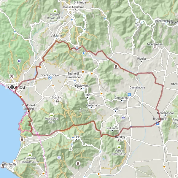 Miniatura della mappa di ispirazione al ciclismo "Esplorazione in Gravel tra Buriano e Puntone di Scarlino" nella regione di Toscana, Italy. Generata da Tarmacs.app, pianificatore di rotte ciclistiche