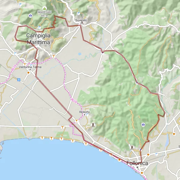 Mapa miniatúra "Gravel Tour Suvereto" cyklistická inšpirácia v Toscana, Italy. Vygenerované cyklistickým plánovačom trás Tarmacs.app