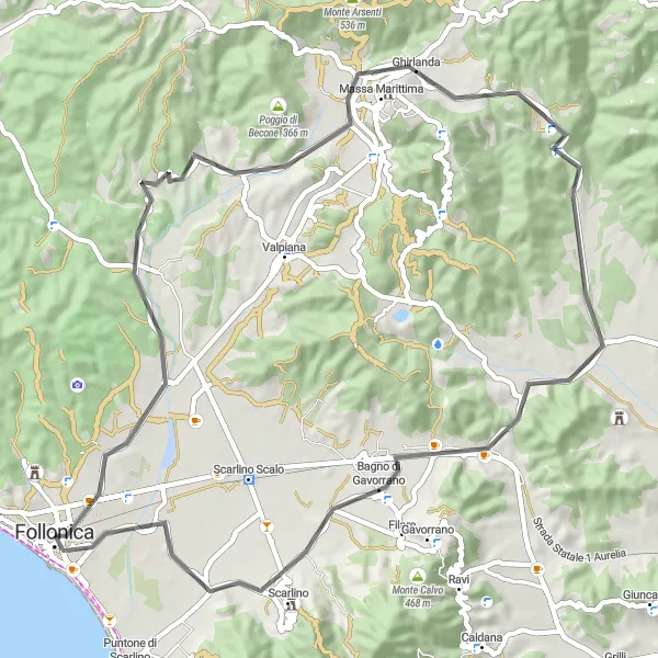 Miniatura della mappa di ispirazione al ciclismo "Tra borghi medievali e natura" nella regione di Toscana, Italy. Generata da Tarmacs.app, pianificatore di rotte ciclistiche