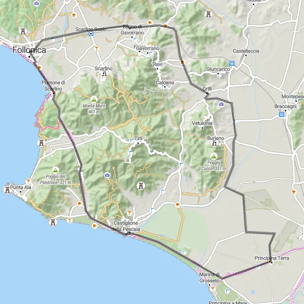 Map miniature of "Coastal Paradise" cycling inspiration in Toscana, Italy. Generated by Tarmacs.app cycling route planner