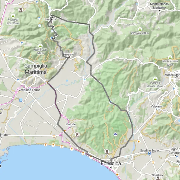 Miniatua del mapa de inspiración ciclista "Ruta Escénica de Follonica a Suvereto" en Toscana, Italy. Generado por Tarmacs.app planificador de rutas ciclistas
