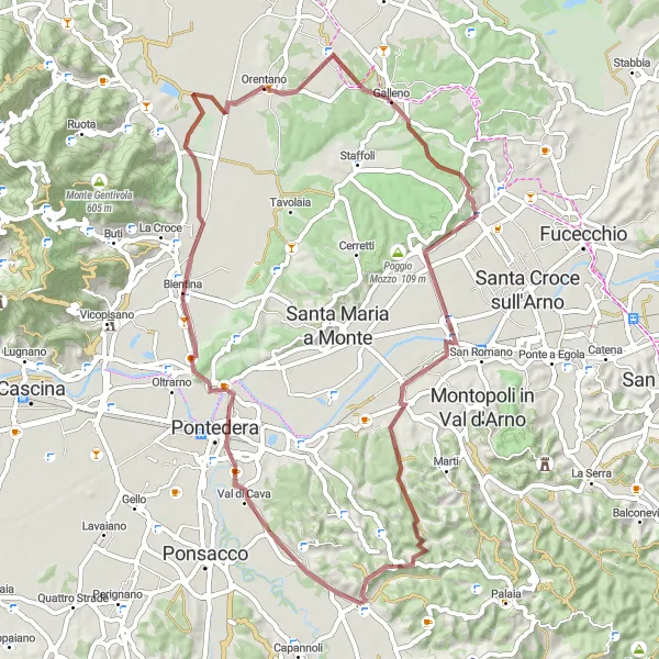 Kartminiatyr av "Cykeltur på grusvägar till Castelfranco di Sotto" cykelinspiration i Toscana, Italy. Genererad av Tarmacs.app cykelruttplanerare