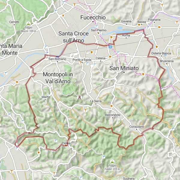 Zemljevid v pomanjšavi "Gravel route to Montacchita and Rocca di Palaia" kolesarske inspiracije v Toscana, Italy. Generirano z načrtovalcem kolesarskih poti Tarmacs.app