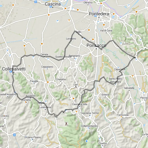 Miniaturní mapa "Cyklotrasa Capannoli a zpět" inspirace pro cyklisty v oblasti Toscana, Italy. Vytvořeno pomocí plánovače tras Tarmacs.app