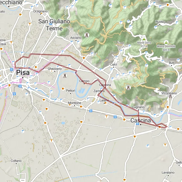 Kartminiatyr av "Opplev historie og natur på denne 42 km lange terrengsykkelruten" sykkelinspirasjon i Toscana, Italy. Generert av Tarmacs.app sykkelrutoplanlegger