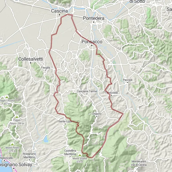 Miniatua del mapa de inspiración ciclista "Descubriendo Terricciola en bicicleta de gravilla" en Toscana, Italy. Generado por Tarmacs.app planificador de rutas ciclistas