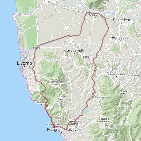 Map miniature of "Ancient Villages and Coastal Delights" cycling inspiration in Toscana, Italy. Generated by Tarmacs.app cycling route planner