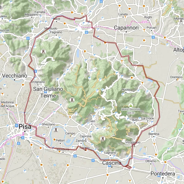 Miniatua del mapa de inspiración ciclista "Ruta de Ciclismo de Grava por Fornacette" en Toscana, Italy. Generado por Tarmacs.app planificador de rutas ciclistas