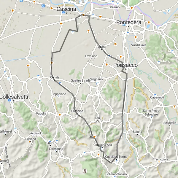 Kartminiatyr av "Rundtur til Ponsacco, Casciana Terme, Cenaia, Fornacette" sykkelinspirasjon i Toscana, Italy. Generert av Tarmacs.app sykkelrutoplanlegger