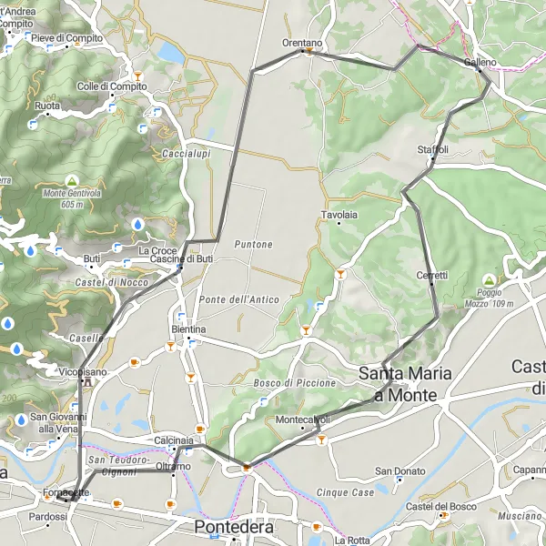 Miniatua del mapa de inspiración ciclista "Ruta de Ciclismo de Carretera por Fornacette" en Toscana, Italy. Generado por Tarmacs.app planificador de rutas ciclistas